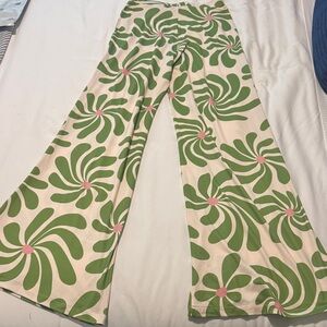 RESA Cream Wide-Leg Pants with Green & Pink Floral Swirl Print